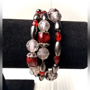 Red Clear Silver Beaded Coil Bracelet Stretch Wire Multi Strand Filigree Wrist